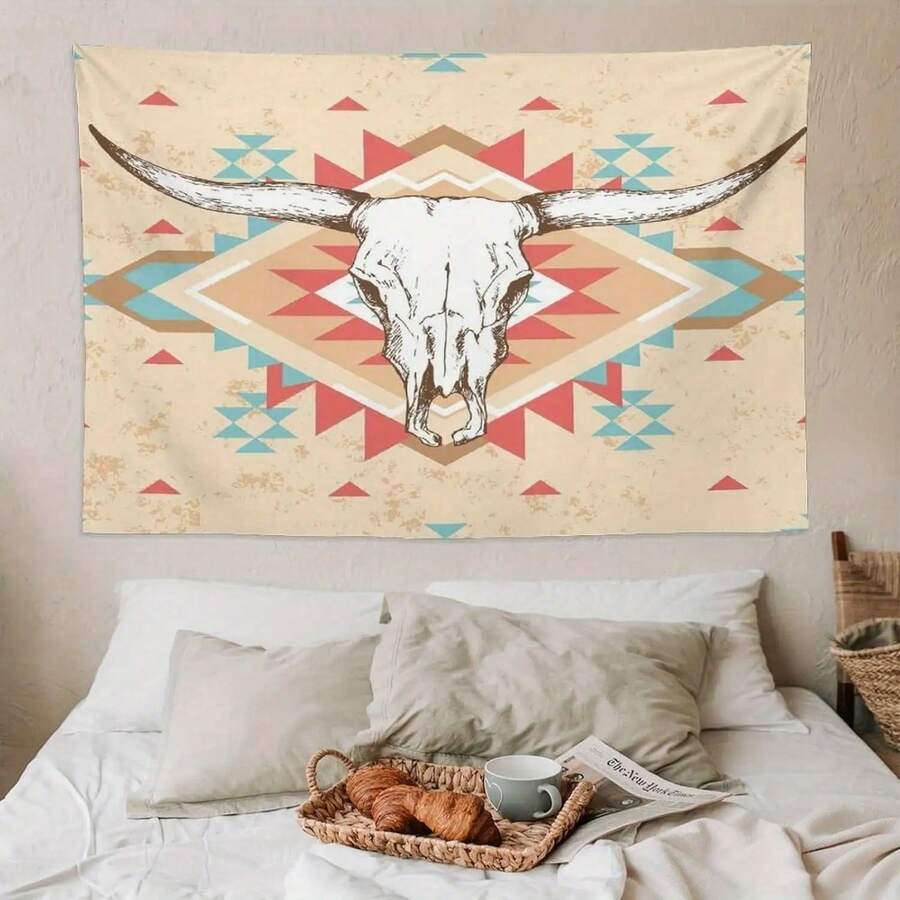 1pc Western Bohemian Cow Head Bone Tapestry - Rustic Farmhouse Wall Decor With Geometric Patterns, Polyester Fabric, Perfect For Living Room Or Bedroom, Bedroom Wall Decor|Rustic Farmhouse Style|Polyester Tapestry, Cow Decor - Màu sắc hình ảnh - Xem 1