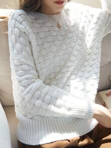 Knit Mix Elegant Women's Autumn/Winter French Fashion Commute Knit Solid Color Round Neck Long Sleeve Hollow Out Regular Loose Pullover Sweater - White - View 10