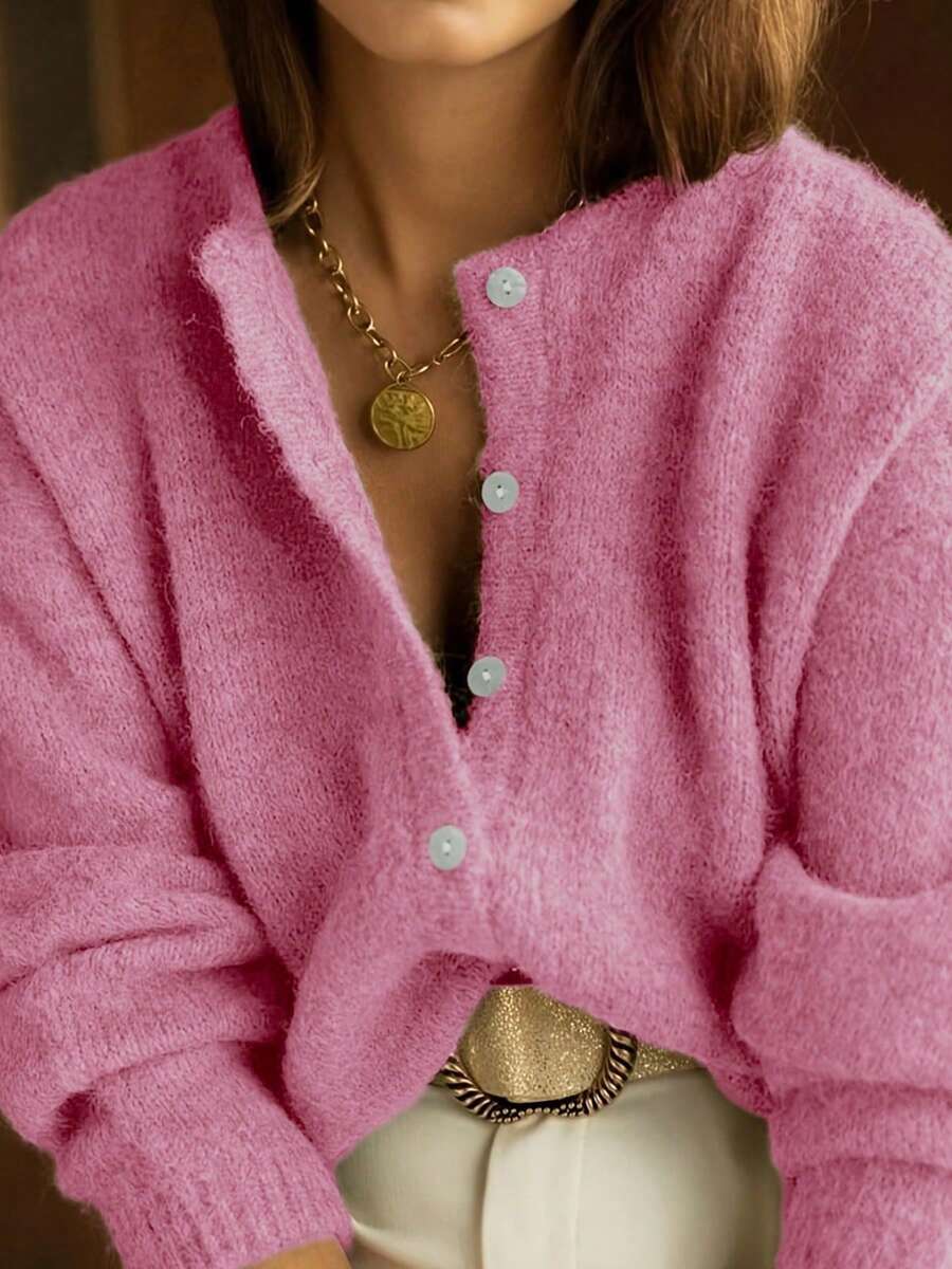 女士针织圆领开衫，纽扣细节设计，简约经典休闲风格，适合日常穿着，秋冬毛衣 - 粉色 - 查看 1