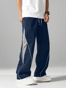 Men 1pc Comfortable Elastic Waist Drawstring Casual Straight Loose Wide Leg Pants, Sporty Contrast Color, Fall