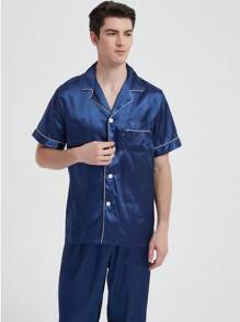 Plus Size Men's Summer Pajama Set - Casual V-Neck Short Sleeve Button-Up Top And Pants, Breathable Polyester, Machine Washable, Large