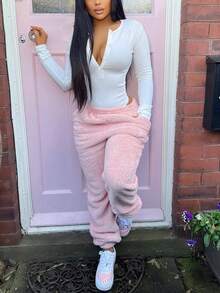 Women Button Half Placket Long Sleeve Ribbed Knit Slim Fit Bodysuit Versatile Spring/Autumn Casual Daily Wear