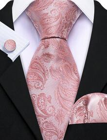 Pink Paisley Necktie Mens Tie Handkerchief Cufflinks Set Wedding Formal 3PCS - 粉色 - 查看 1