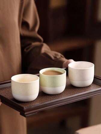 1/4 件粗陶日本茶杯，陶瓷杯，咖啡杯，手工制作，采用仿古氧化方法涂层，适合意大利浓缩咖啡和茶饮用，方便在家中和办公室使用，节日送礼