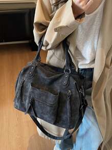 大容量超热高端手感包包新款单肩斜挎包商务旅行行李包女士时尚休闲复古百搭手提包简约托特包中世纪摩托包 - 黑色 - 查看 5