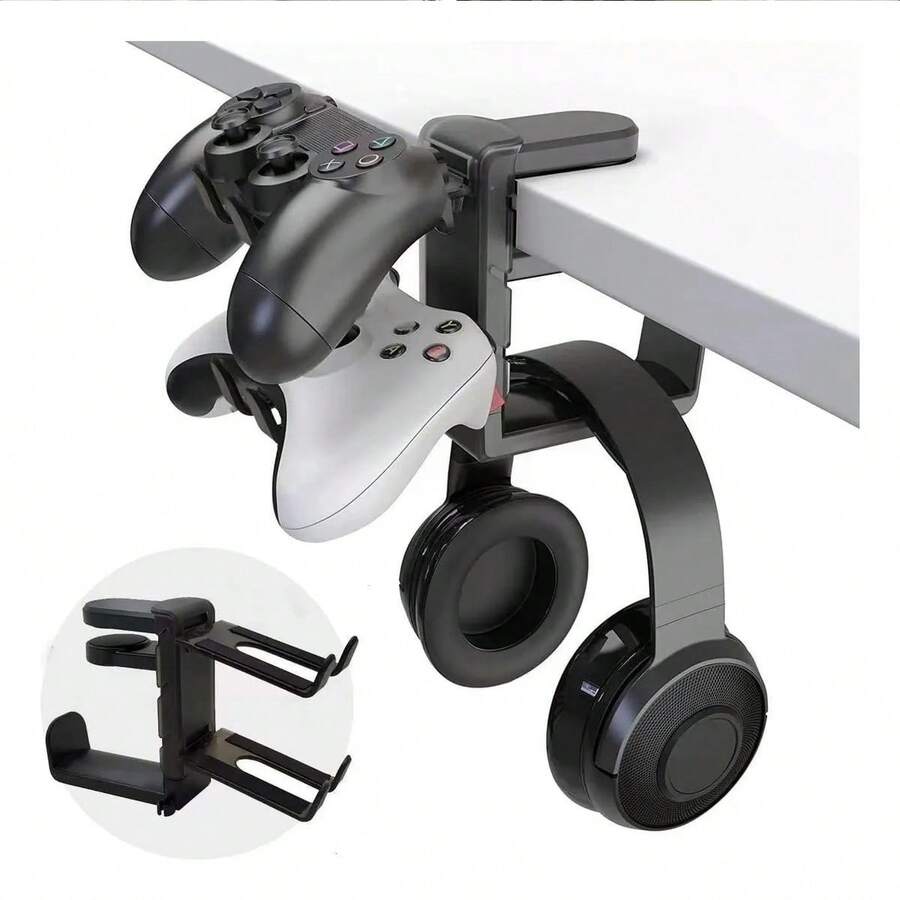 Un nuevo y versátil soporte dos en uno para auriculares y mando de juegos, con capacidad para dos mandos y un auricular. También sirve para colgar auriculares y otros artículos. Es perfecto para usar en casa, en la oficina, en un estudio, en una residencia universitaria o junto al televisor. - Negro - Ver 1