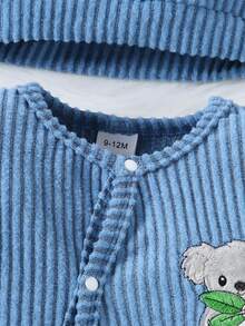 4件套女婴可爱动物印花刺绣考拉图案套装，柔软舒适连体衣+帽子，秋冬季 - 藍色 - 查看 6