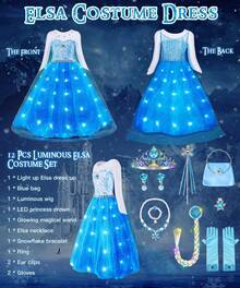 Princess Costumes For Girls, LED Light Up Anna Dress Up With Luminous Crown Necklace Sets,  Anna Princess Dress, Costume Kids Fancy Dress For Carnival Party - 彩色 - 查看 2