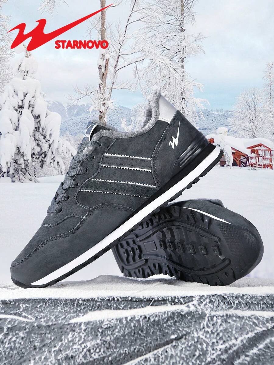 STARNOVO 男士保暖毛绒衬里冬季运动鞋、保暖低帮运动鞋、防滑雪地靴情人节创意 - 深灰色 - 查看 1