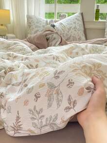 Juego de ropa de cama floral natural de Morandi, estilo nórdico minimalista, incluye 1 funda nórdica, 1 sábana plana y 2 fundas de almohada, sábana de unicolor, estampado de hojas de bosque, 100% poliéster, textura suave (sin relleno) - Marrón Mocha - Ver 7