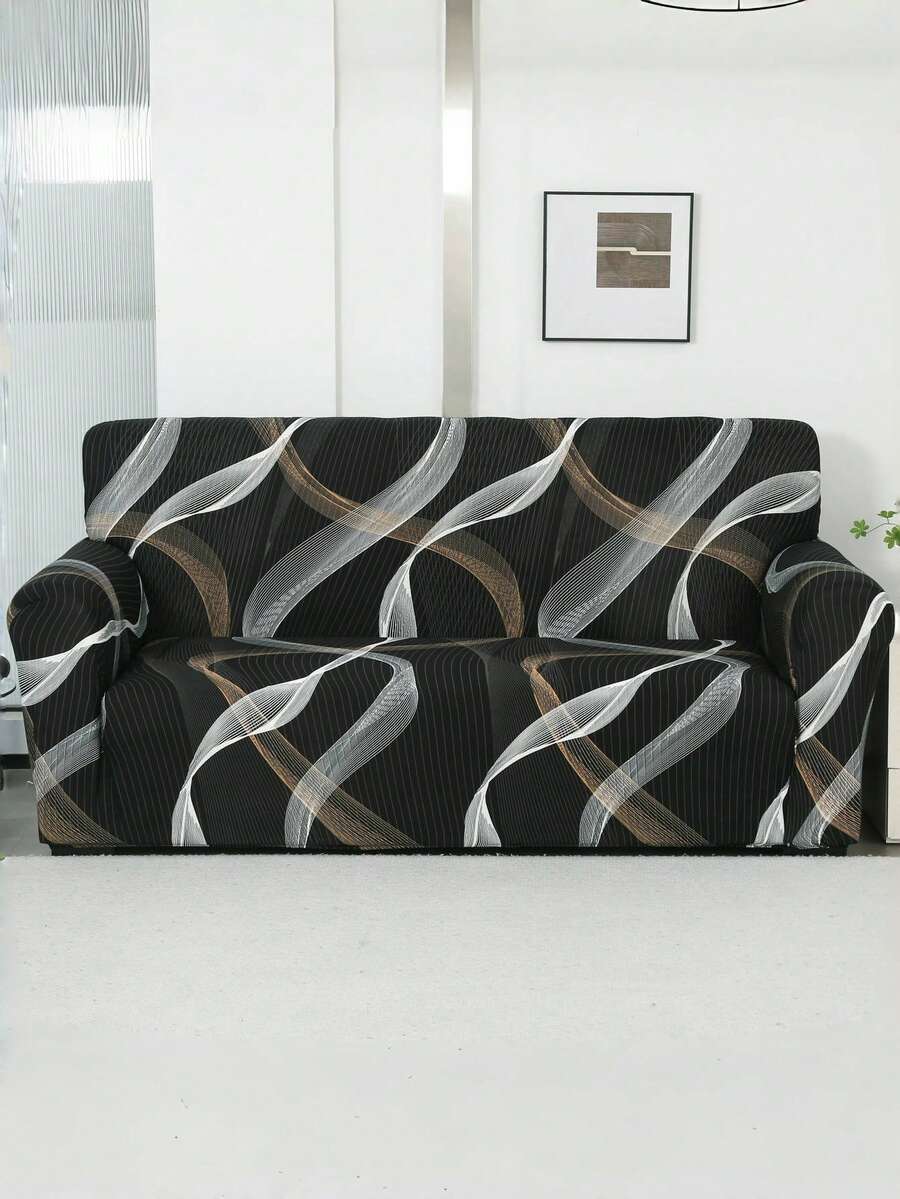 1 件双色分层阴影印花沙发套，弹性全包涤纶沙发套，四季通用沙发套 - 黑與白 - 查看 1