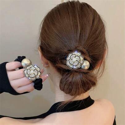 1件装女士时尚优雅仿珍珠闪亮水钻花朵发圈，马尾辫发饰，适合假日、派对、海滩、日常穿搭、波西米亚风、优雅、可爱、派对、发绳、发圈、运动化妆居家健身女士配饰