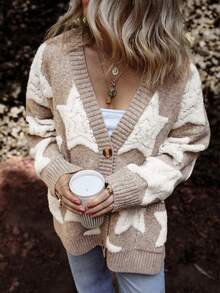 Acelitt Cardigan oversize da donna con maniche raglan, tasche, patch e ricamo a stelle, colorblock, adatto per l'inverno - Multicolore - Visualizzare 3