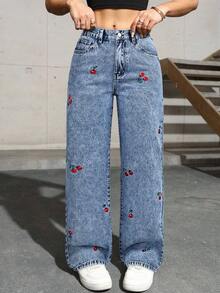 Elegant Cherry Embroidery Fashion Delicate Pocket Button Solid Color Pants, A Slightly Small Size Suitable For Spring, Summer, Autumn And Winter Daily Casual Outings, Commuting - Blue - View 7