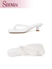 SDEMIN  Summer New Arrival Women's Solid Color Slippers, Elegant Vacation Shoes, Casual Beach High Heels Sandals, Fashionable Slip-On Heels For Dress - trắng - Xem 8