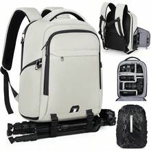 RAINSMORE Mochila para Camara Fotografica DSLR SLR Mirrorless Mochila Camara Laptop Mochila Fotografia con Funda Impermeable y 14 Pulgadas Compartimento Portátil Mochila Antirrobo para Cámara Negro - Beige - Ver 2
