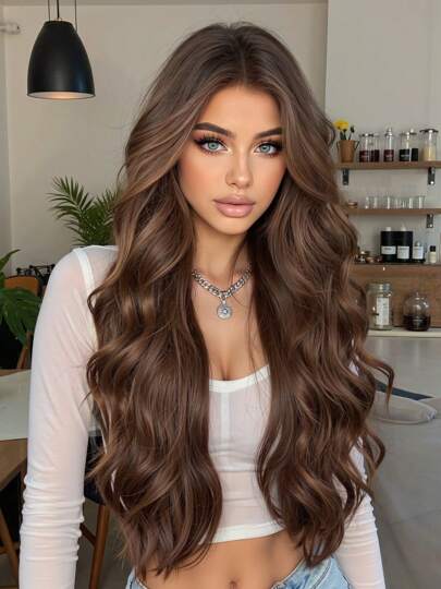 Peluca sintética rizada de 28 pulgadas de largo de color marrón café con flequillo para mujeres, resistente al calor, con raya en medio, natural, para disfraz, fiesta, Lolita, boda y Halloween