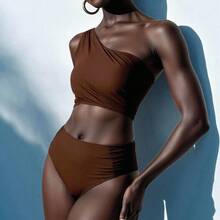 SHEIN Summer Beach Solid Color Asymmetric One Shoulder Bra & Swim Bottom Bikini Set Carnival Bathing Suit - Coffee Brown - View 6