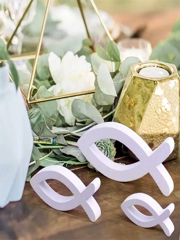 9pcs White Wooden Fish Decor, Suitable For Baptism And Confirmation Decoration - 3 Sizes, Elegant Tabletop Center Piece, Artificial Wooden Material, Great For Communion And Religious Ceremonies, Baptism Decoration