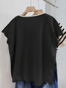 Plus Size Casual V-Neck 2 In 1 Short Sleeve Knit Top - Black - View 3