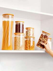 1个带竹盖的玻璃罐，密封食品储存容器 - 适用于厨房/食品储藏室收纳，适合存放意大利面、面粉、麦片、糖、咖啡豆、茶叶等。 - 彩色 - 查看 8