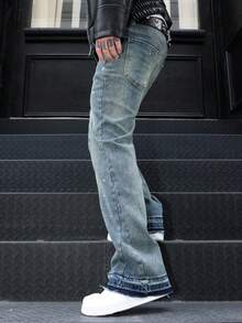 Flared Jeans, Stretch Denim Jeans, Skinny Jeans, Distressed Washed Denim Jeans, Versatile & Fashionable Cotton Product, Slant Pockets Washed Denim - Blue - View 3