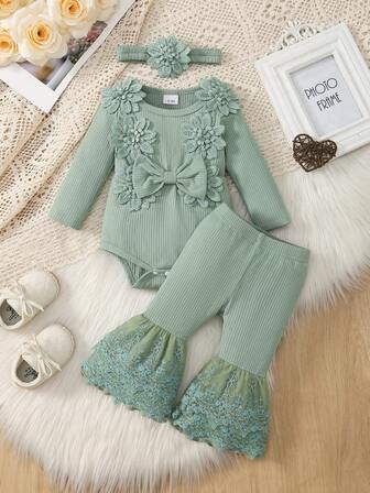 3pcs Baby Girls' Set: Cute 3D Floral Bow Ribbed Bodysuit + Fashionable Lace Trim Bell-Bottom Pants + Decorative Headband
