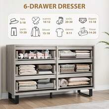 mteryoing Home 6 Dresser For Bedroom, 47.2" Wide Dresser, Freestanding Vertical Drawer Cabinet With Storage, Wooden Closet Storage Chest For Living Room, Hallway, Entryway - Xám - Xem 5