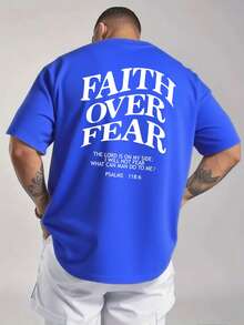 Men's Graphic T-Shirt, Faith Over Fear, Everyday Wear, 100% Cotton, Unisex, Gift Idea For Him Or Her, Streetwear Design, Comfortable Casual Top - 藍色 - 查看 3