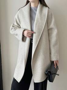 Long Sleeve Shawl Collar Wrap Wool Blend Overcoat For Women Regular Length Belted With Pockets Loose Fit Drop Shoulder Style For Autumn/Winter. - Oatmeal - View 4