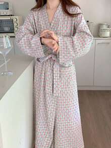 1Pc Women's New Style Kimono Robe, Korean Minimalist Comfy Sleepwear, Bow Decor Loose Casual Bathrobe Back To School