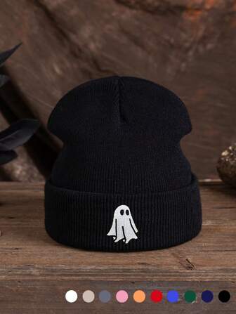 1pc Unisex Ghost Embroidery Knit Beanie, Couple Style Outdoor Sports Skiing Camping Streetwear Warm Hat, Autumn/Winter Autumn Outfits