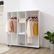 HOMCOM Double Open Wardrobe On Wheels, Bedroom Wardrobe With Clothes Hanging Rails, 3 Storage Shelves, Mobile Garment Rack For Cloakroom, Hallway, White - White - View 2