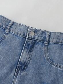 Set de 2 piezas Conjunto informal de estilo callejero para niñas preadolescentes, camiseta de manga larga blanca y jeans de mezclilla azul desgastados, nueva llegada de primavera/verano - Multicolor - Ver 4