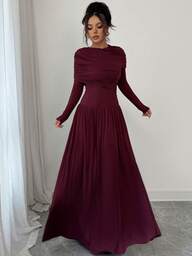 Damen elegantes langärmliges plissiertes Maxikleid mit taillierter Passform und A-Linie, Burgunderrot, hochwertig, anmutig, geeignet für den Alltag, den Arbeitsweg, Partys, Dates, Neujahr, Frühlingsfest, Valentinstag