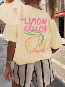 Plus Size Women's Casual Lemon Print Round Neck Short Sleeve T-Shirt, Suitable For Spring, Summer, Autumn, Vacation - Apricot - View 6
