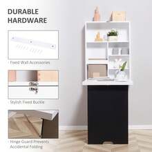 HOMCOM Folding Wall-Mounted Drop-Leaf Table, Convertible Wall Table With Chalkboard And Storage Shelf, Multifunctional Floating Desk For Home Office, White - Black and White - View 4