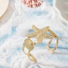 1 Set Summer Ocean Resort Style Starfish & Shell Bracelet & Ring Set, Suitable For Women Beach Vacation Wear