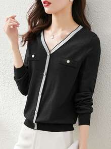 Contrast Trim V-Neck Knit Sweater For Women, New Autumn/Winter Long Sleeve Pullover Soft Fitted Top, Commuter Style
