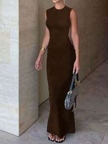 Women's Elegant Fitted Knit Dress | Sleeveless Bodycon Round Neck | Suitable For Wedding Guests, Parties, Dinners, Dates And Valentine's Day, Spring/Summer 2026 - Brown - View 6