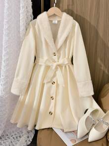 Vihyde 1 pezzo Cappotto elegante da ragazza in misto lana con colletto, polsini e cintura in pelliccia, monopetto, adatto per autunno/inverno