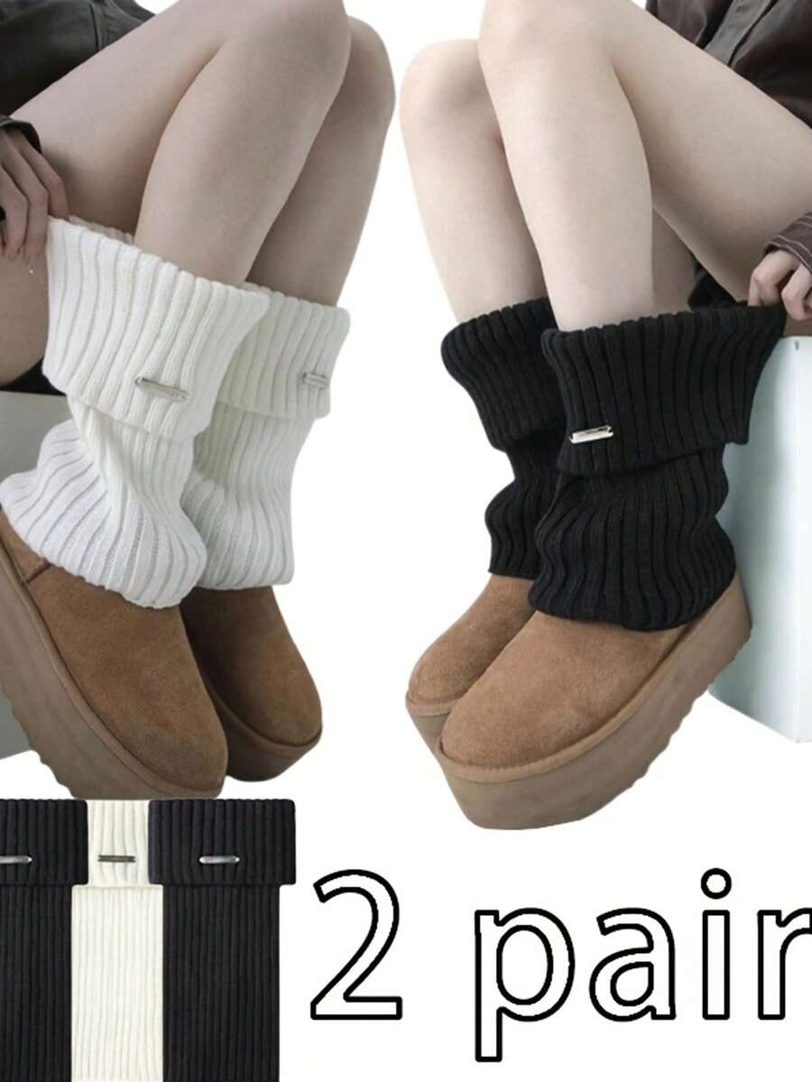 1/2 Pairs Women's Soft Elastic Rib Design Leg Warmers With Buckle Details, Comfortable Cold Weather Accessories, Fashionable Casual Seasonal Clothing Christmas Gift