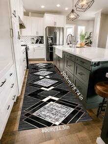 1 件装优雅几何菱形图案地毯 - 柔软涤纶防滑垫，黑金手工设计，易于清洁，适用于厨房、客厅、走廊、餐厅、过道装饰，打造奢华家居氛围，厨房地毯