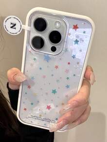 可拆卸2N1 INS简约炫彩星星透明手机壳适用于 16 15 14 13 Pro Max可爱防震后盖 - 白色 - 查看 2