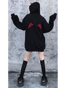 Womens Devil Wings Red Horn Sweatshirt Long Sleeve Hoodie Pullover Hooded Tops - màu đen - Xem 4