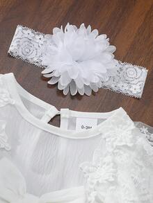 Baby Girl 2-Piece Flower Embroidered Mesh Bow Long Sleeve Skirt Dress&3D Flower Headscarf Laundry Dress Princess Style Elegant Clothing