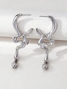 1 Pair Unique Silver-Tone Wavy Line Design Stainless Steel Alloy Earrings, Fashionable & Versatile For Daily Wear