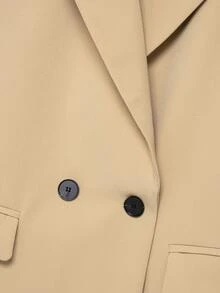 Chaqueta casual de mujer de corte holgado y doble botonadura con solapa, unicolor de manga larga, minimalista y de moda, adecuada para primavera/otoño/invierno - Caqui - Ver 4