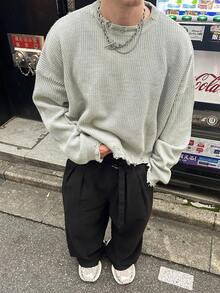 男女皆宜的休闲圆领套头毛衣，纹理流苏针织，适合商务和通勤穿着，春、秋、冬三季皆可穿着，长袖上衣 - 灰色 - 查看 1