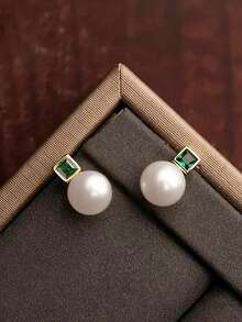 1 par de pendientes de aro con circonita cúbica y perla falsa para mujer, ideales para boda, compromiso, aniversario, fiesta y como regalo de San Valentín